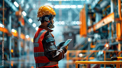 An engineer in special clothing and a high-visibility vest examines a tablet with an image of an industrial enterprise in the background.