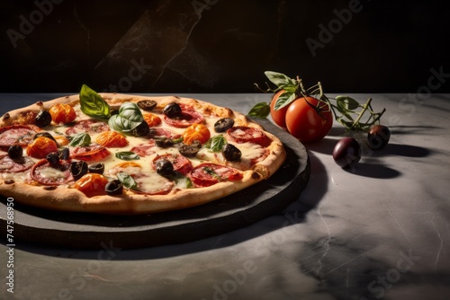 Natural light close-up photography of a tempting pizza on a porcelain platter against a granite background. AI Generation