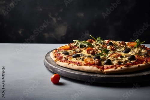 Natural light close-up photography of a tempting pizza on a porcelain platter against a granite background. AI Generation