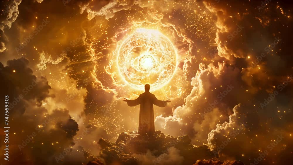 Pushing towards God surrounded by swirling clouds creating the heavens and the earth from a formless void according to Genesis verse 1