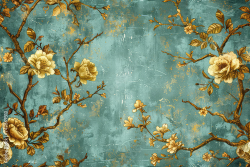 Turquoise and Gold Toile Pattern. Pattern for creating fabric and clothing. 
