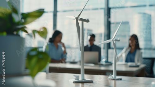 In The Office, Wind Turbine, Financial Strategy, Addressing Renewable Energy, Sustainable Innovation Projects, And Environmental Economic Issues—Business And Sustainability Concept. Generative AI