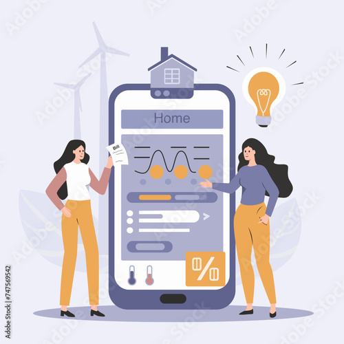 individual monitoring home electricity usage with mobile apps on smartphone. Сontrol of energy use and saving money on bills. The concept of alternative electricity generation and its smart distributi