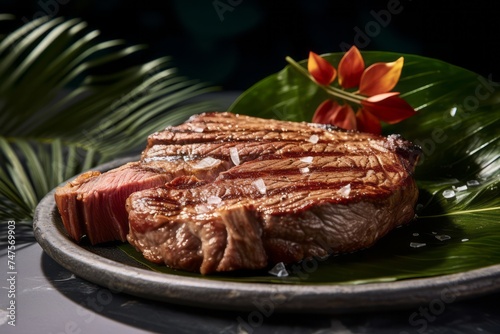 Detailed close-up photography of a juicy medium rare ribeye steak on a palm leaf plate against a granite background. AI Generation
