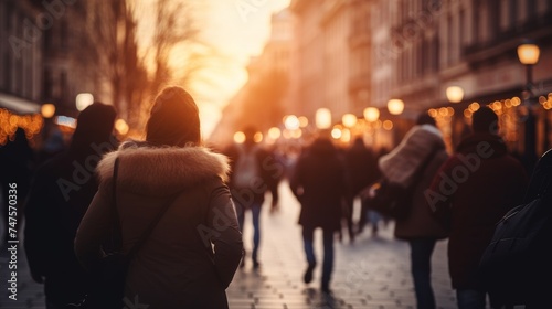 A blurry crowd of unrecognizable people on a city street