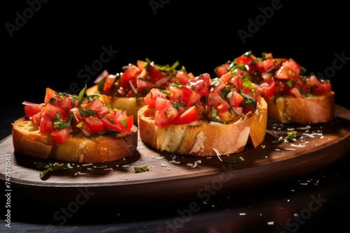 Highly detailed close-up photography of a refined bruschetta on a wooden board against a granite background. AI Generation