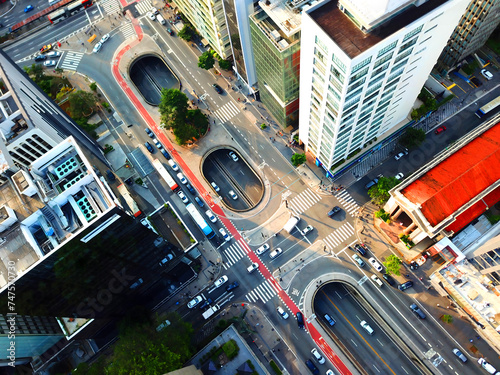 Urban Crossroads: High Above the Intersecting Streets and Tunnels of City Traffic, Avenida Paulista, praça do ciclista, São Paulo, Brazil