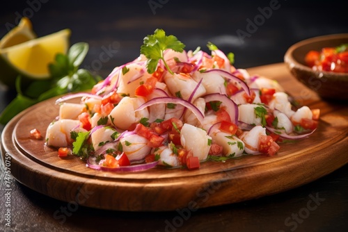 Macro view photography of a tasty ceviche on a wooden board against a granite background. AI Generation