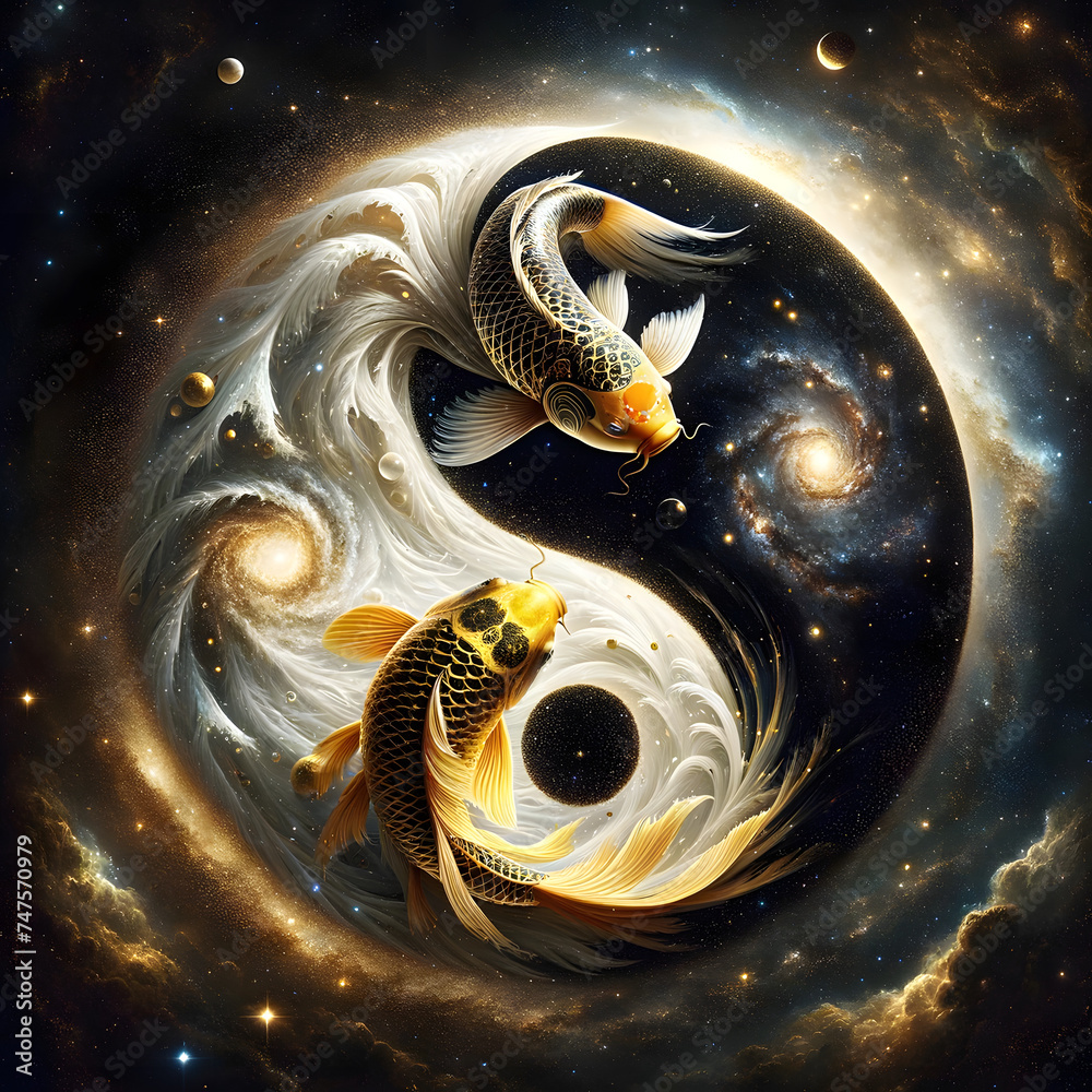 Galactic Dance of Koi: Golden and Silver Koi Fish in Yin Yang Vortex of ...