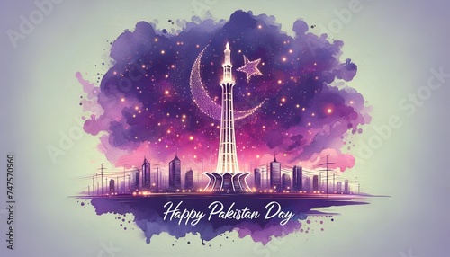 Illustration in a watercolor style for pakistan day with illuminated tower against a purple dusk sky.