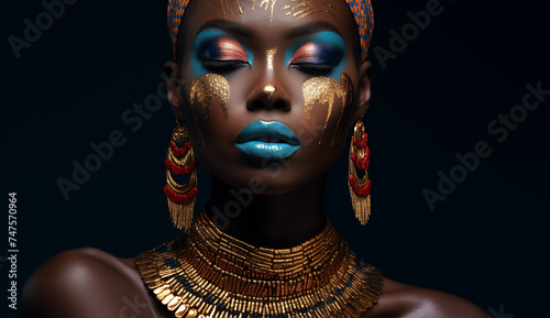 beautiful woman posing with gold jewelry and glittering make-up