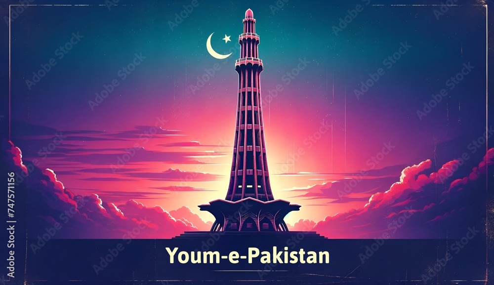 Illustration of a minar e pakistan against a vibrant evening sky for pakistan day. - obrazy, fototapety, plakaty 