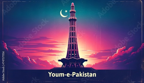 Illustration of a minar e pakistan against a vibrant evening sky for pakistan day.