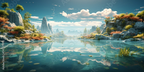 Natural Lake And Mountain Background with blue sky, Amazing fantasy water anime high resolution Ai generated art


 photo