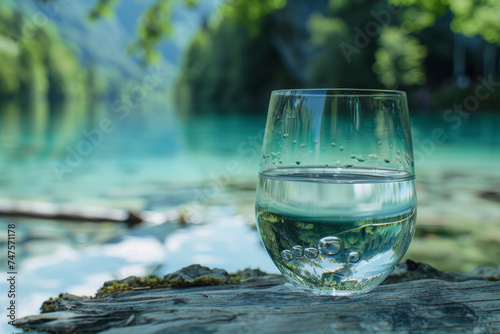 Serene Water Glass on Lakeside Wood