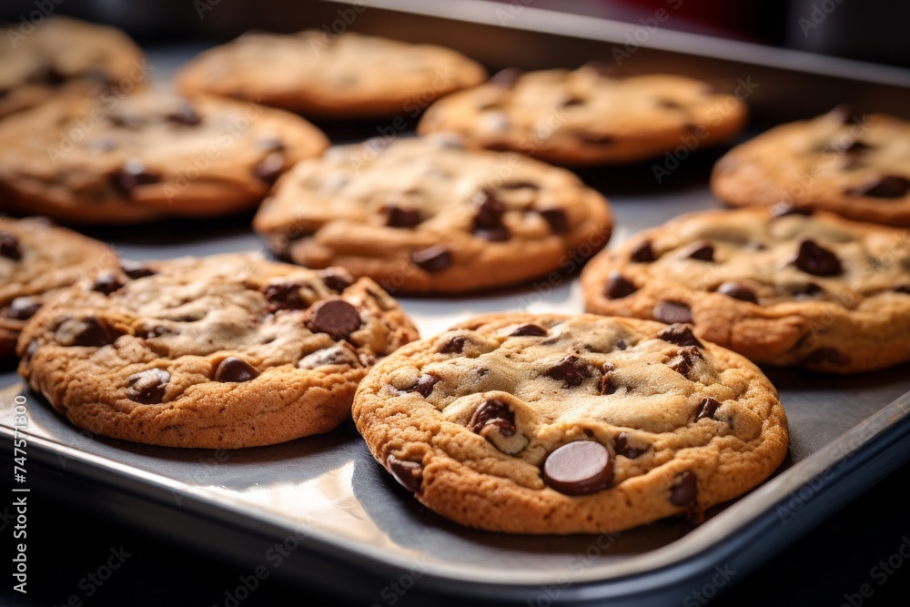 Close-up view photography of a juicy chocolate chip cookies on a plastic tray against a granite background. AI Generation