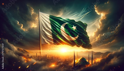 Realistic illustration of a fluttering pakistani flag at sunset for pakistan day. photo
