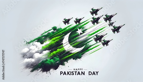 Illustration for pakistan day celeration with fighter jets forming pakistan flag.