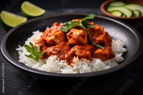 Detailed close-up photography of a refined chicken tikka masala on a palm leaf plate against a granite background. AI Generation