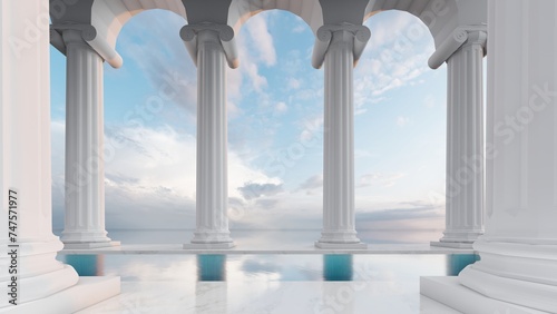 Classic interior with swimming pool and columns 3d render