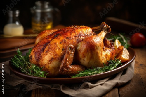 Close-up view photography of a tasty roast chicken on a rustic plate against a jute fabric background. AI Generation