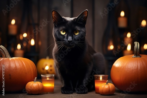 a black cat sitting next to pumpkins and candles