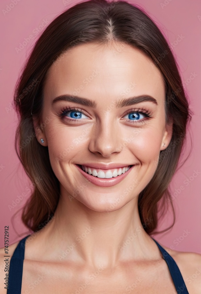 Radiant woman with a warm smile against a pink backdrop. Radiant woman with a warm smile against a pink backdrop.