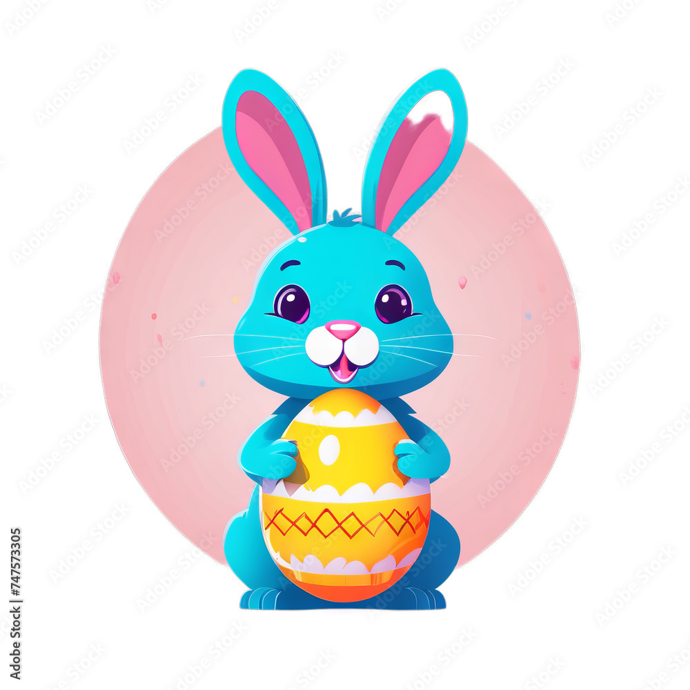 Fototapeta premium Colorful illustration of a cute Easter bunny holding a vivid chocolate Easter egg isolated on a transparent background.
