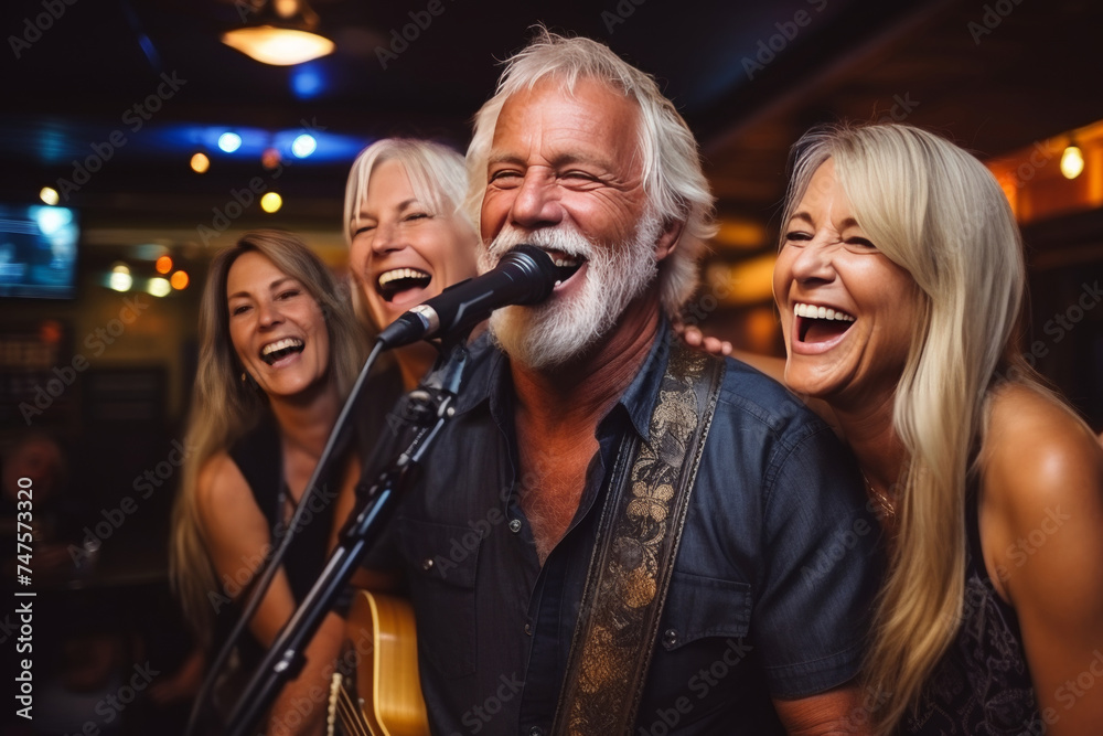 elderly man and group of middle aged women singing in microphone on stage, smiling and laughing elderly man and group of middle aged women singing in microphone on stage, smiling and laughing