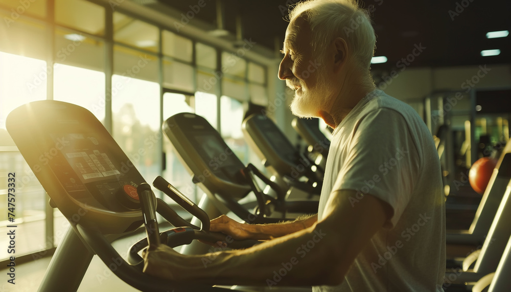 Older white haired man doing exercise in the gym area running on the Treadmill. Active lifestyle for retired people Older white haired man doing exercise in the gym area running on the Treadmill. Active lifestyle for retired people