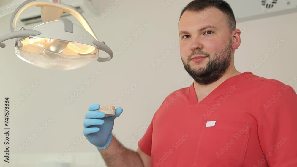 Dentist gesturing with tooth in office, beard and facial hair Dentist gesturing with tooth in office, beard and facial hair
