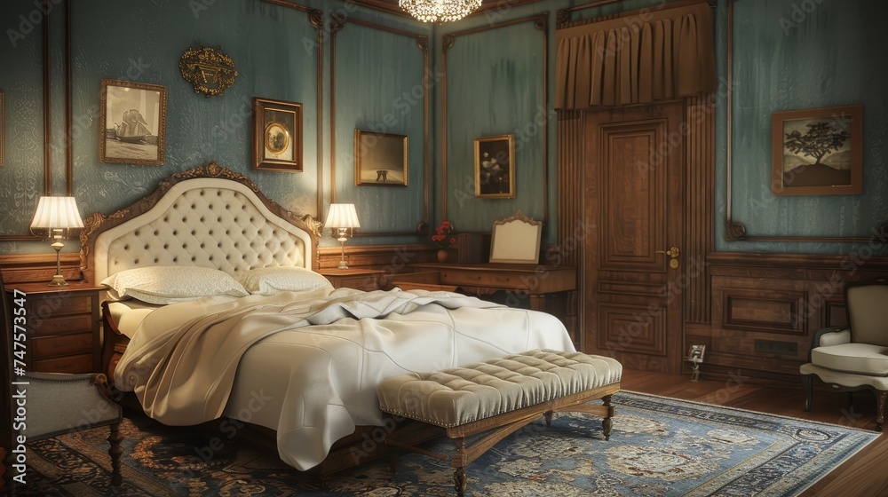 A bedroom with a tufted cream bed and wooden nightstands