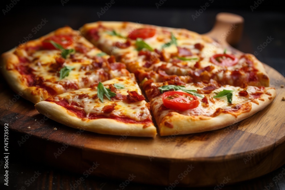 Macro view photography of a juicy pizza on a wooden board against a denim fabric background. AI Generation