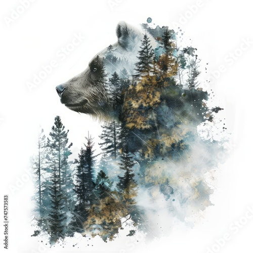 Watercolor illustration image with double exposure of a forest predator bear and its forest habitat