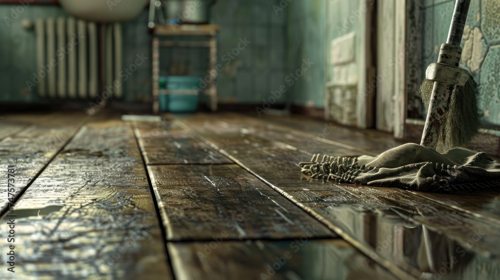 Fototapeta premium Freshly mopped floor, Nice clean but slippery Generative AI