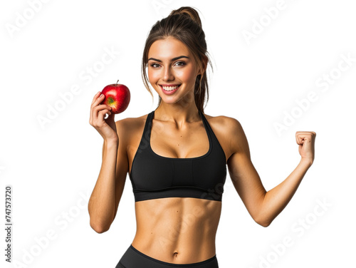 A beautiful young brunette female fitness holding apple in the hand .