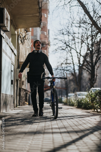 Young man in casual attire strolling with his mountain bike on a sunny day through a tree-lined city sidewalk. © qunica.com
