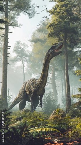 An ancient extinct animal dinosaur in an ancient forest © serz72