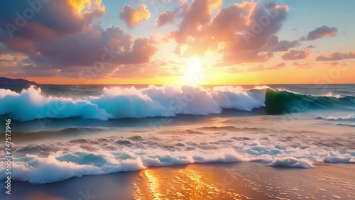 Background A serene beach with crashing waves and a colorful sunset. photo