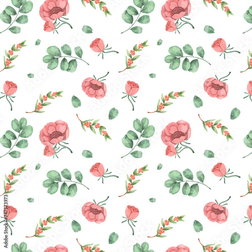 Seamless pattern with flowers and leaves. Hand drawn background. floral pattern for wallpaper or fabric. Flower rose. Botanic Tile.