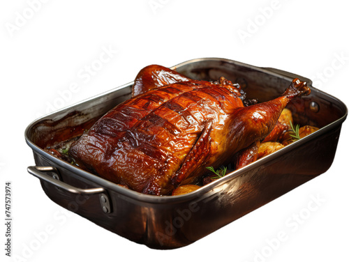 Roast duck in the pan with different ingredietns like a rosemary and other . photo