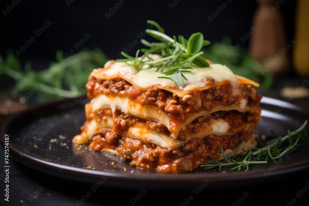 Macro detail close-up photography of a delicious lasagna on a rustic plate against a denim fabric background. AI Generation Macro detail close-up photography of a delicious lasagna on a rustic plate against a denim fabric background. AI Generation