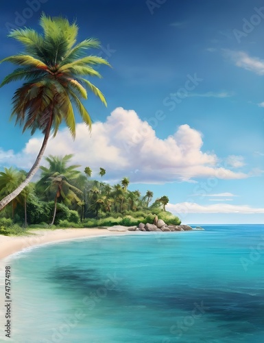 Beautiful tropical island with palm trees and beach panorama as background image Generative Ai © Jamshed