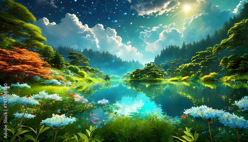 Enchanting landscapes featuring serene lakes, lush greenery, and vibrant flora under a majestic sky, evoking a sense of peace and wonder Enchanting landscapes featuring serene lakes, lush greenery, and vibrant flora under a majestic sky, evoking a sense of peace and wonder