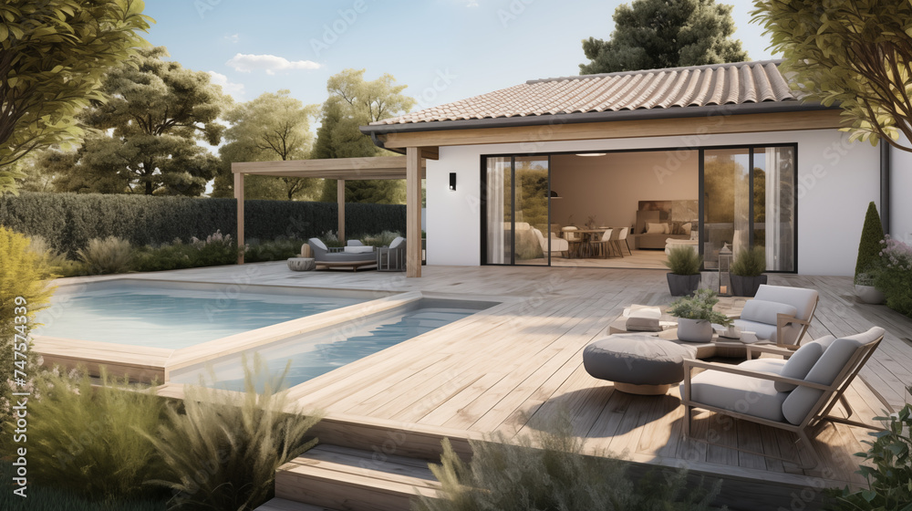 Naklejka premium Render 3d, wizualizacja pięknego tarasu. Ogród w luksusowym domu z basenem i leżakami. Inspiracje architektura. Pomysł na urządzenie wnętrza