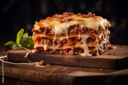 Macro detail close-up photography of a refined lasagna on a wooden board against a denim fabric background. AI Generation
