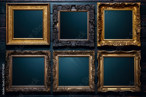 Many empty gold picture frames in different sizes hanging on a vintage wall, blank frame background