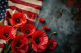 Symbol of USA for Memorial Day and Veterans Day, poppy flower is displayed on American flag as symbol of remembrance AI Generative