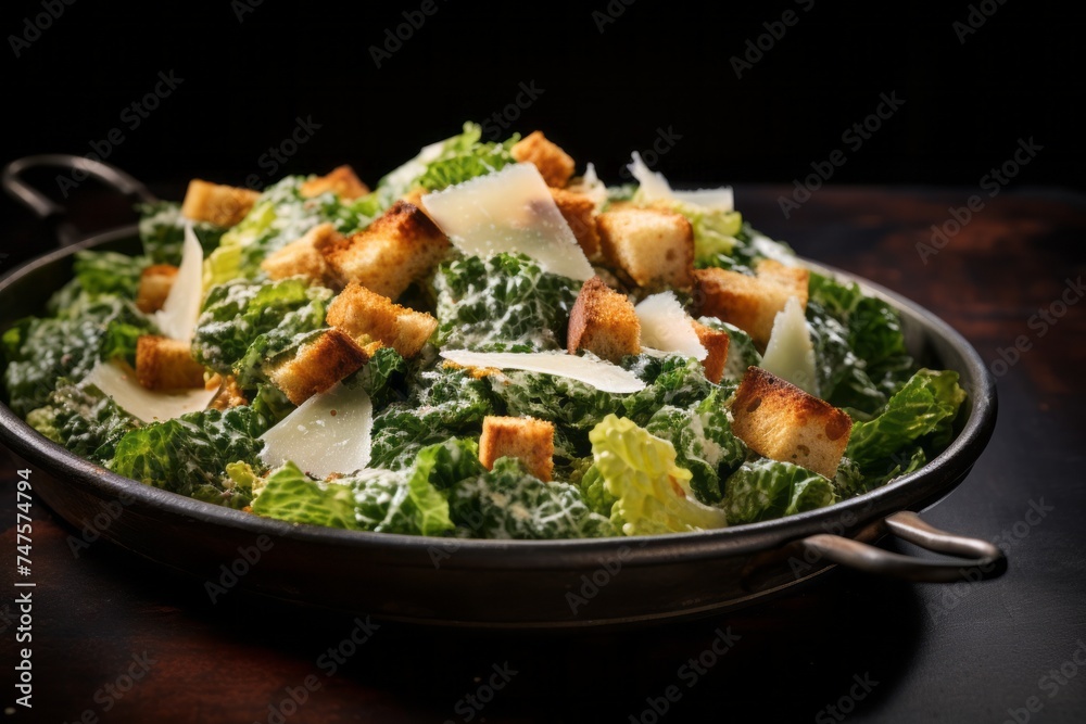 Detailed close-up photography of an exquisite caesar salad on a metal tray against a denim fabric background. AI Generation Detailed close-up photography of an exquisite caesar salad on a metal tray against a denim fabric background. AI Generation