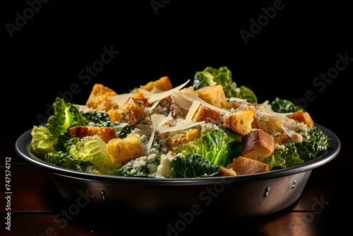Detailed close-up photography of an exquisite caesar salad on a metal tray against a denim fabric background. AI Generation